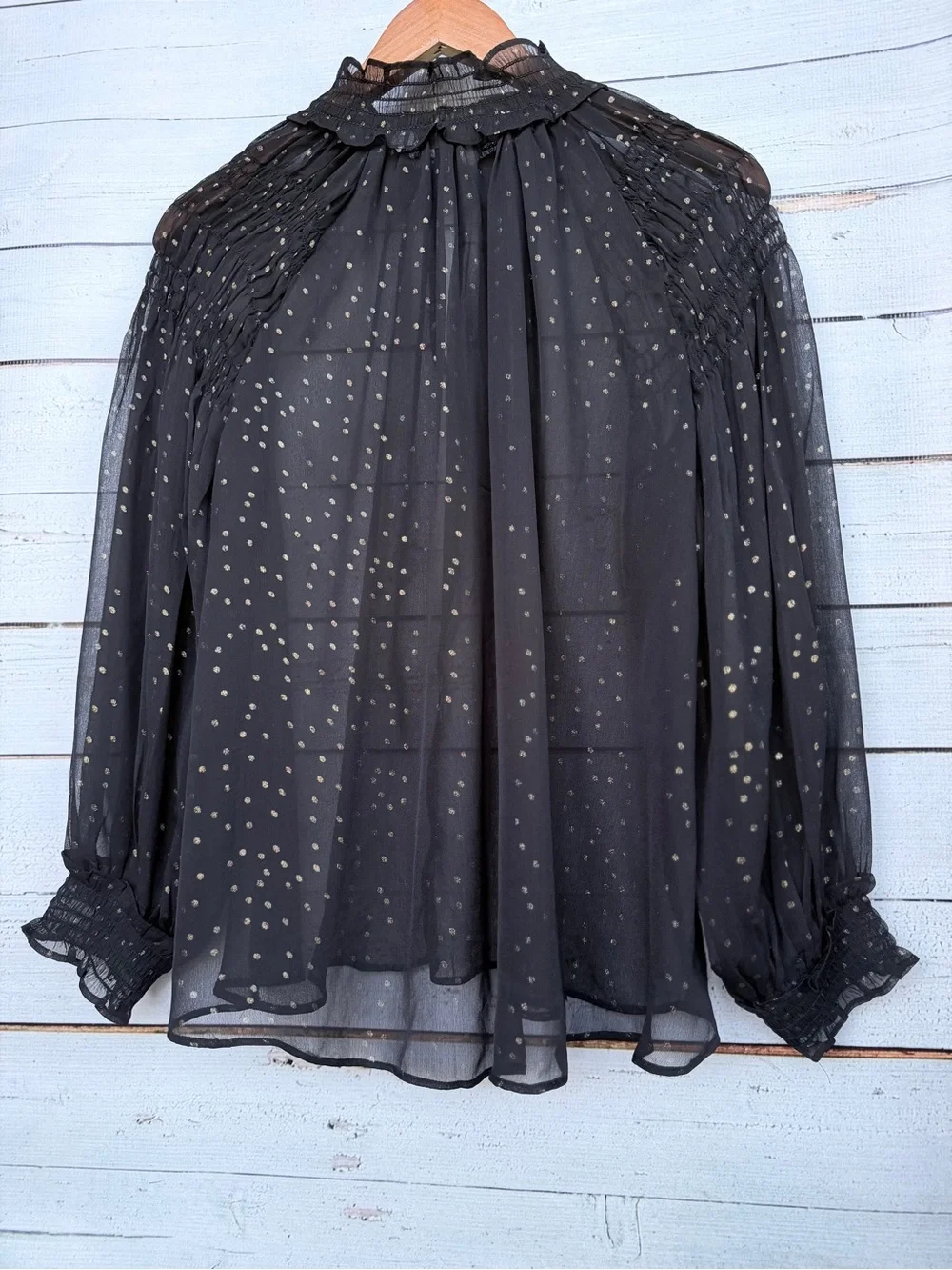 LOFT Black Sheer Blouse with Gold Dot Print